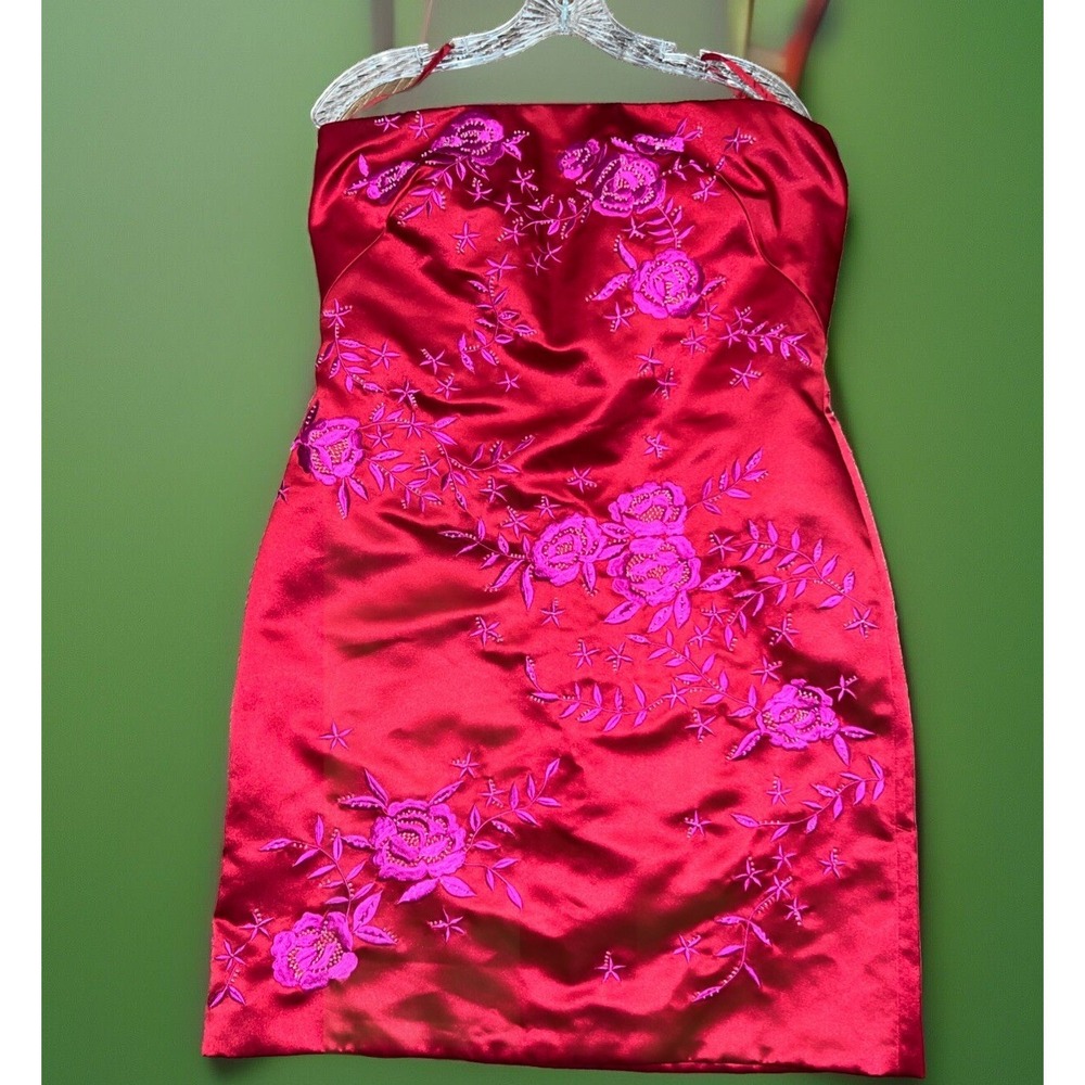 KAY UNGER‎ Strapless Dress Womens 10 Red Floral Embroidered Beaded